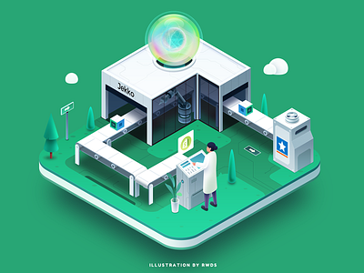 Digital factory business data database date factory future futuristic illustration isometric jekko laptop office sphere