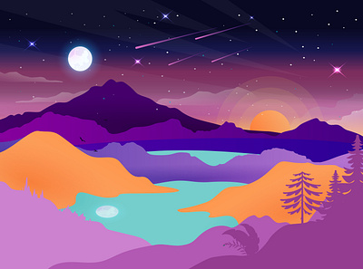 Purple landscape active bright color coloring cover design flat illustration landscape mountains nature purple simple vector