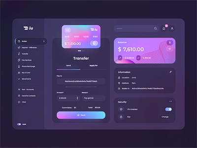 Wallet iuPayme Desktop Dark mode 💳 admin app application banking app credit card dashboard desktop exchange finance finance app gradient interface ui vue vuejs vuesax wallet wallet app webdesign