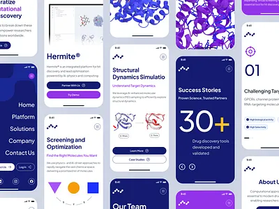 atombeat: Computational AI Drug Discovery - Hero Layout UIUX 3d protein structure ai drug discovery biopharma biotech biotech landing page biotech mobile biotech website blue clean computational drug discovery drug discovery drug discovery website machine learning minimal modern pharma website pharmaceutical purple therapeutics webflow