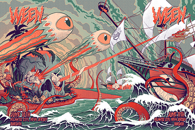 Ween diptych posters battle fantasy flag gig poster illustration island navy octopus poster sea ship skull war waves