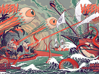 Ween diptych posters battle fantasy flag gig poster illustration island navy octopus poster sea ship skull war waves