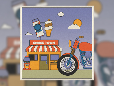Snack Town beer bubblegum clouds food ice cream illustration market motorcycle snack store sun