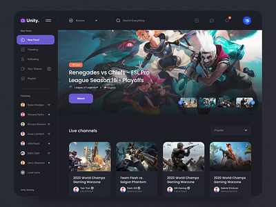 Unity Gaming I after effects animation dashboard design game gaming motion motion design streaming ui ui8 ux