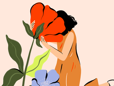 Shy Flower design flower gouche hair hand drawn illustration illustrator people procreate shy woman