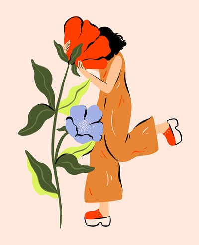 Shy Flower design flower gouche hair hand drawn illustration illustrator people procreate shy woman