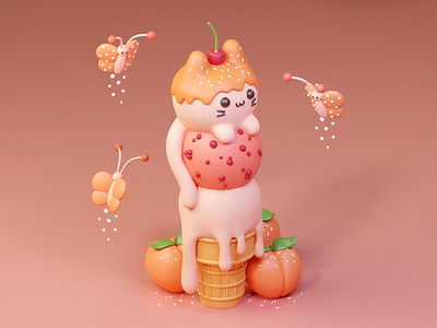 Ice Cream Cat 3d art blender butterflies cute cute animal cute art design food food illustration ice cream icecream illustraion peach sprinkles