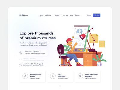 Educato. landing character concept courses design fireart fireart studio illustration landing page learning platform main page ui ux web