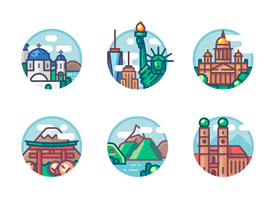 Landmarks illustrations set. Part 1 city flat greece icon illustration japan landmark mountain munich new york nyc saint petersburg sight statue temple tokyo tori usa vector vectorart