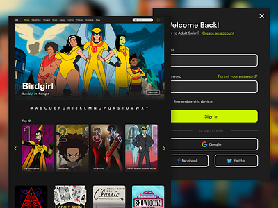 Adult Swim Exploration adultswim cartoons darkmode darktheme design exploration graphicdesign layout streaming streamingservice ui web webapp webdesign