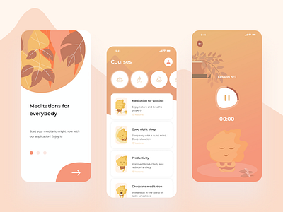 Meditation App / Audio Lessons app audio app audio player calm catalog courses cute health illustration lessons meditation meditation app orange relax relaxing stories ui yellow