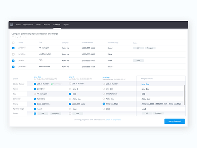 CRM Deduplicating Records - Dashboard compare crm crm software dashboard design figma merge sales dashboard ui ux