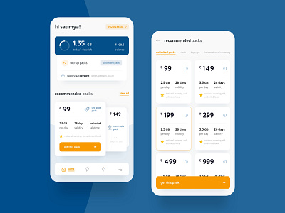 Mobile Recharge App Homepage Design blue cards homepage mobile app mobile ui orange recharge telecommunication ui