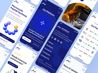 atombeat: Computational AI Drug Discovery - Platform Mobile UI 3d protein structure ai drug discovery biopharma biotech biotech landing page biotech mobile biotech website blue clean computational drug discovery drug discovery drug discovery website minimal modern pharma website pharmaceutical purple quantum computing therapeutics webflow