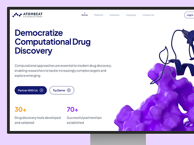 atombeat: Computational AI Drug Discovery - Hero Pattern UI 3d protein structure ai drug discovery biopharma biotech biotech landing page biotech web design biotech website blue clean computational drug discovery drug discovery drug discovery website hero pattern minimal modern pharma website pharmaceutical purple therapeutics webflow