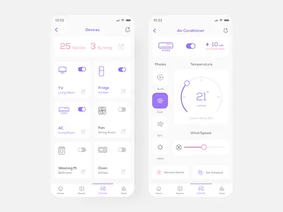Smart Home App - Device Control Screens - Part 4 air condition air conditioner air conditioning app design dailyui devices hvac internet of things iot iot app iphone x minimal mobile ui smart device smart home smart home app smarthome ui design