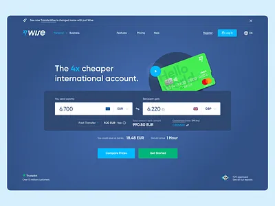 Wise website redesign account card currency debit exchange finance header money rate transfer wise