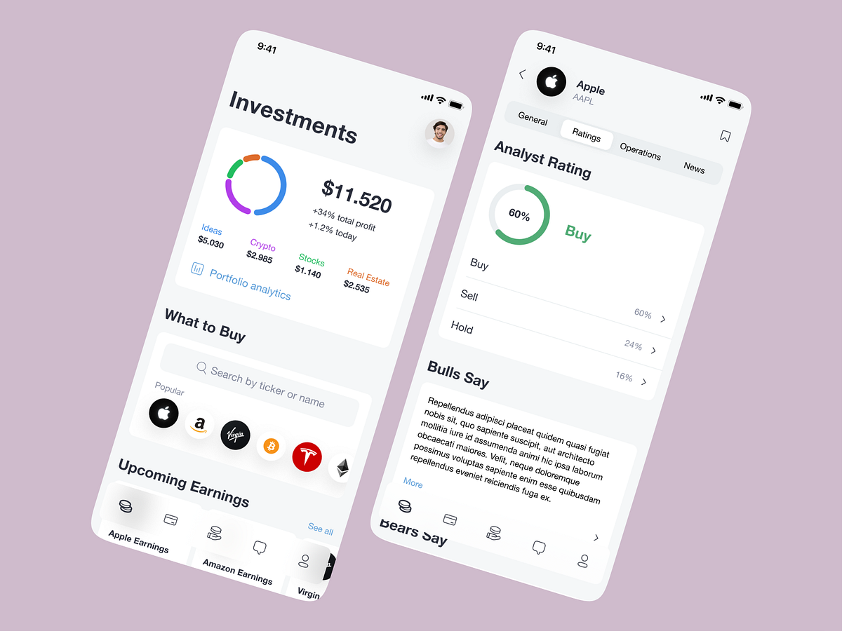 Trading app portfolio and stocks screens by Roman Surikov on Dribbble