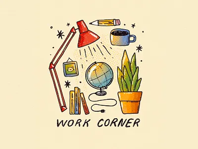 Work Corner books coffee colors cover details frame globe illustration illustrator lamp mcm pencil picture plant sparkle texture workdesk