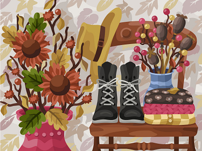 Autumn chair 2dillustration adobe illustrator autumn boots design dry flower flat flower graphic illustration leaf vector vector art