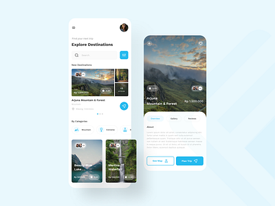 TRAVEL BOOKING APP adventure app blue booking clean design figma minimal minimalist mobile app mobile ui schedule travel trip ui ui design uiux visit