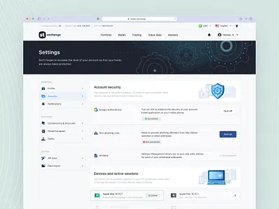 Crypto exchange crypto crypto exchange crypto settings interface interface design profile security security security page security settings settings settings page user settings web design web ui