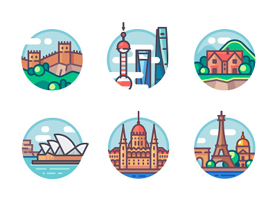 Landmarks illustrations set. Part 2 artwork budapest building china city eiffel tower flat great wall icon illustration landmark logo paris sight sydney travel uk vector vector art world