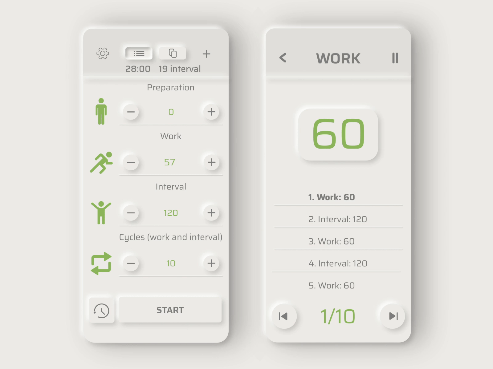 Tabata timer app | Neomorphism concept app app interaction clock countdown design design app ios kettle minimal mobile motion neomorphism neumorphic neumorphism skeumorphism tabata time timer ui