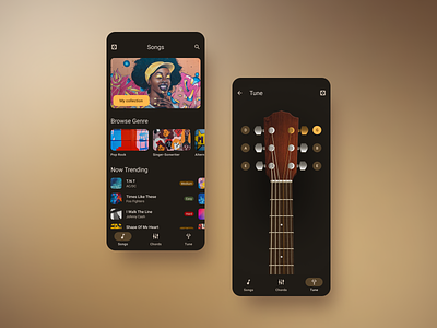 Learning To Play Guitar App Concept android app app design chords dark figma guitar learnig lesson material you mobile music music instrument play playlist song strings tune ui