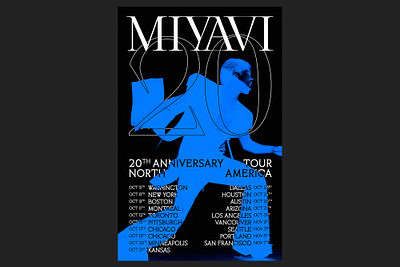 MIYAVI's 20th Anniversary North America Tour 2022 black blue branding image effect list music outline poster design tour tour poster type design typography white