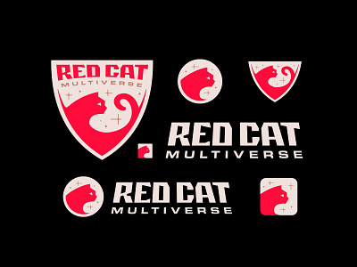 Red Cat Multiverse badge branding cat cute design icon identity logo logotype mascot nft red simple space universe