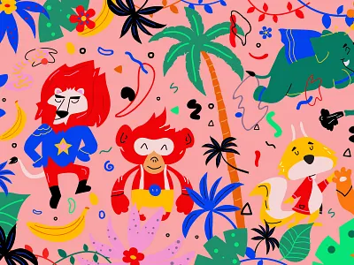 Jungle branding colorful elephant fun greece illustration jungle book kids kommigraphics lion monkey pop art squirrel trees vector