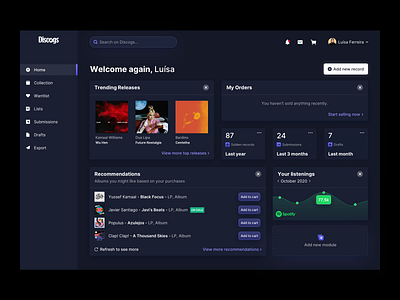 Discogs Dashboard On Dark dark dark app dark mode dark theme dark ui dashboard dashboard app dashboard ui music music app ui ui component ui components ux web webapp webapps webdesign