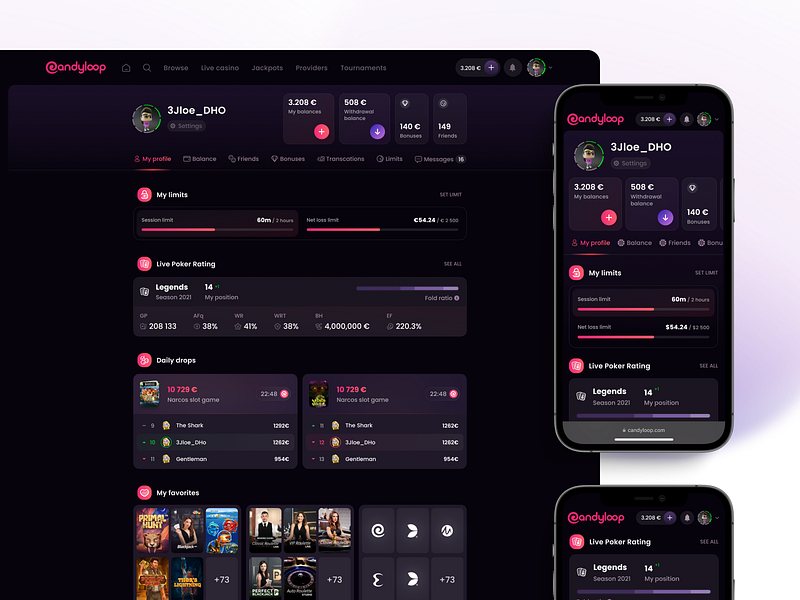 Candyloop: Profile overview balance bonuses candyloop casino crypto casino daily drops favorites live casino live poker my limits online casino profile slots