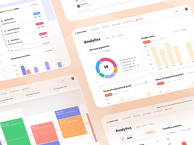 Readyhubb. Website to book beauty services online analytics app balance beauty booking calendar dashboard design graph invite orange pie chart profile screen statistics typography ui ux web app website