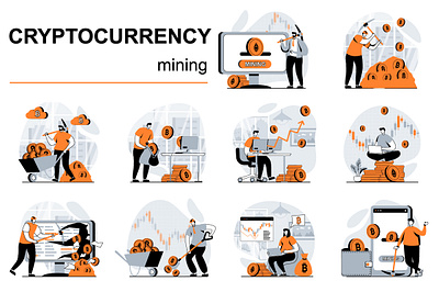 Cryptocurrency Mining Illustrations bitcoin blockchain character coin concept cryptocurrency cryptography currency design flat illustration mining money people scene vector virtual wallet web website