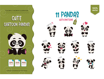 11 cartoon pandas with emotions animals baby panda bear baby shower bear card cartoon character cartoon panda collection cute cute panda emotion panda panda bear panda clipart panda kids panda svg pet poster set sticker