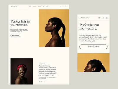 Kinky&Curly Homepage Exploration branding cart clean design concept design ecommerce hair homepage interface landing page minimal mobile modern design photography responsive design search shop simple typography web design yellow