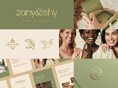 Zany & Shy - Fine Jewelry Branding box brand identity branding custom design e commerce elegant fine jewelry foil gold green icons lab diamonds logo luxury packaging shopify social media sustainable website