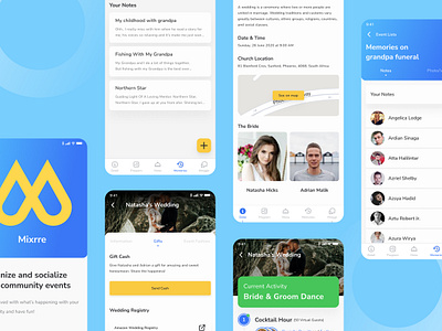Mixrre App - Social Event Application activity app donation features gift gradient homepage memories social app wedding app