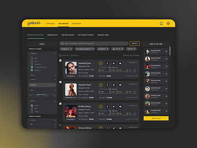 Campaign Management Platform bold ui brand campaign brandcampaign campaign management campaignmanagement create list dark theme dark ui design details filters influencer neon colors productdesign searchinfluencer searchpage ui uidesign ux