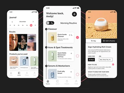 Skincare Routine app app ui app ui design bw card design journal morning morning routine night night routine routine routines skin skincare ui ui design ui ux uidesign uiux