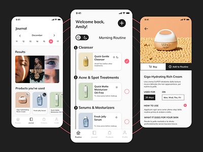 Skincare Routine app app ui app ui design bw card design journal morning morning routine night night routine routine routines skin skincare ui ui design ui ux uidesign uiux