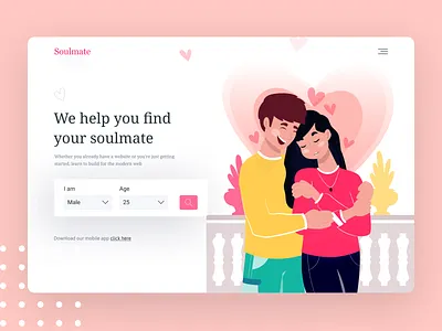 Soulmate - Dating Header Concept! 2k20 branding couple creative dating dating app dating website find soulmate find soulmate header design header exploration header illustration typography ui ux ui design webdesign