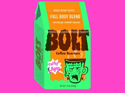 Bolt coffee branding coffee drawlloween frankenstein halloween illustration lightning logo procreate