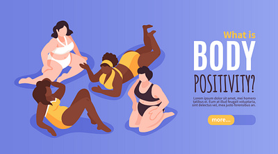 Body positive banner body cheerful illustration isometric multicultural people positive vector