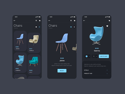 Chairs adobe xd chairs dark theme dark ui flat furniture furniture store ui user interface ux