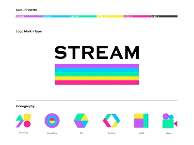 Stream Branding & Iconography agency brand brand design branding colour colourful design designs icon iconography icons illustration logo logo design logotype purple rainbow stream type typedesign