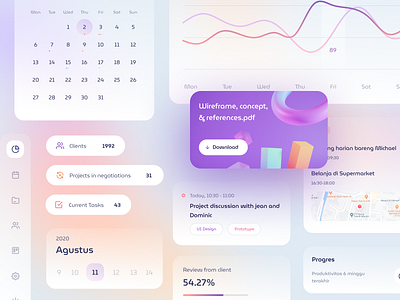 Glass UI Elements app calendar cards chart dashboard elements gradient graph icons illustration kit map mobile modern stats ui web