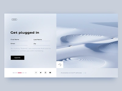 E-tron landing page by Milkinside 3d audi branding car cgi clean cleanback design ev home illustration landing layout mountains simple ui ux vehicle website white